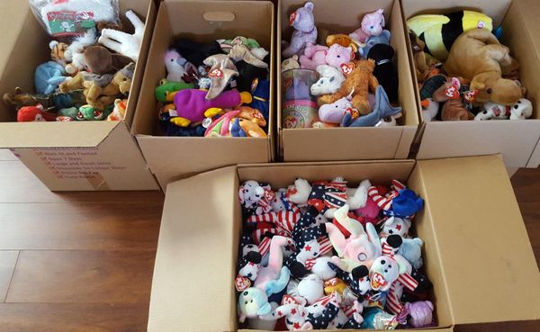 Stuffed animals in boxes
